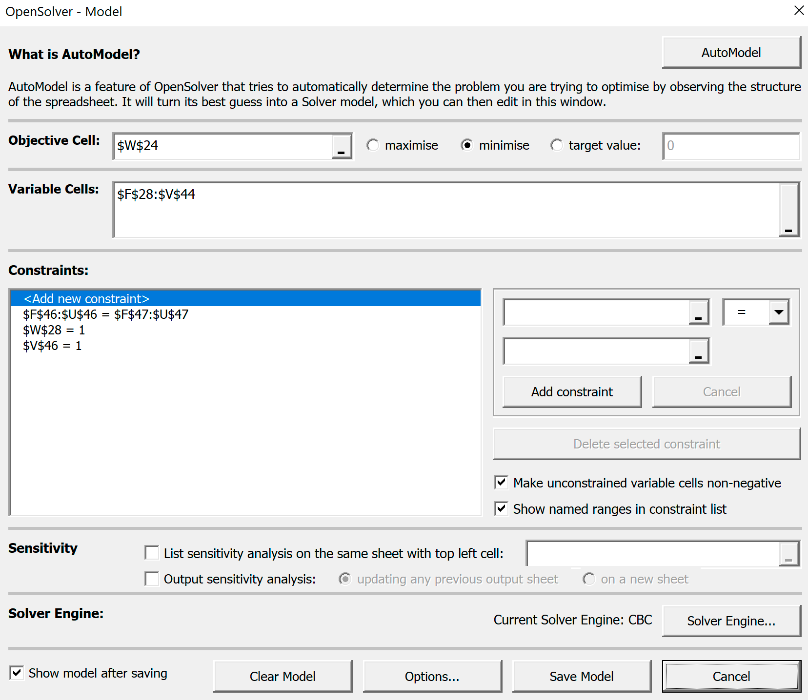 Установки OpenSolver-Model для решения задачи Маршрут Навигатора