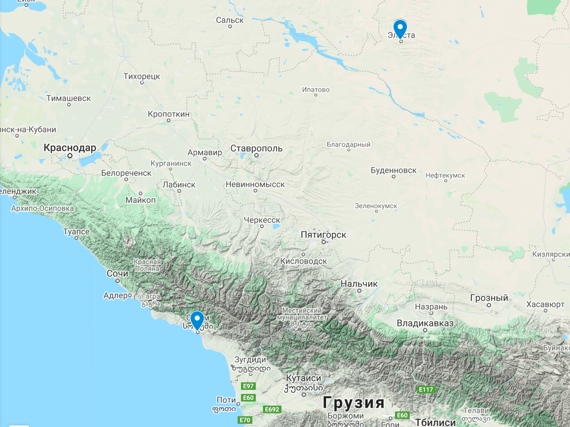 Карта между Элистой и Сухуми