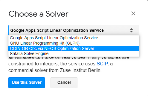  Выбор движка надстройки OpenSolver в Таблицах GoogleDocs