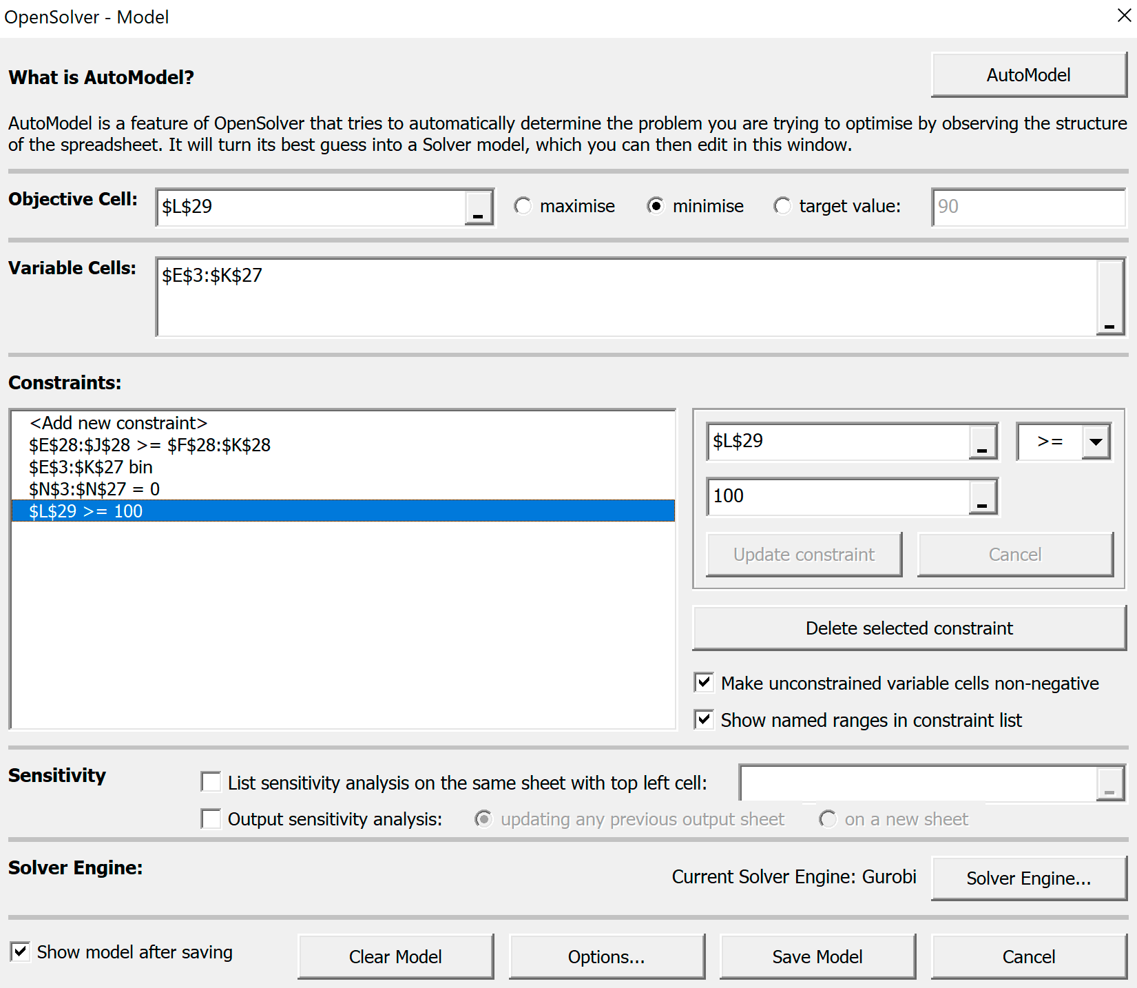 Установки OpenSolver-Model с ограничением для целевой функции