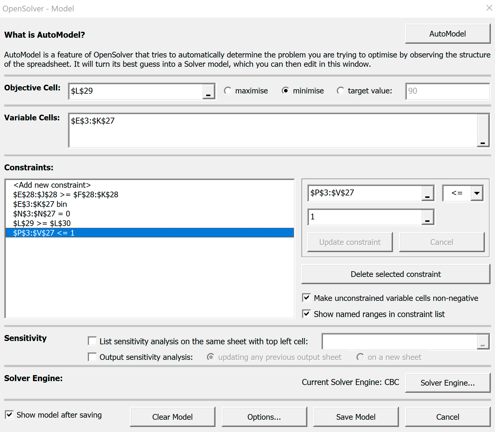 Установки OpenSolver-Model с ограничением для контрольной таблицы
