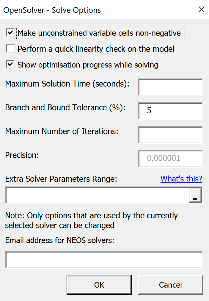 Панель Options OpenSolver-Model