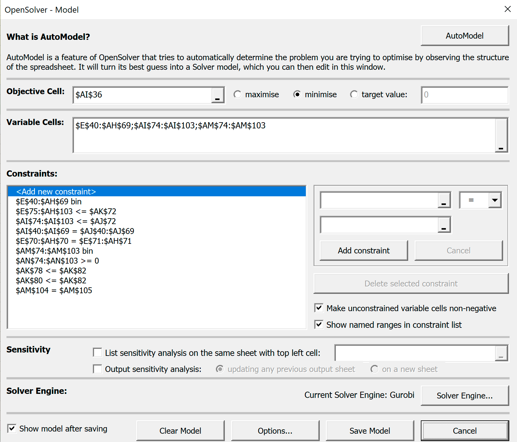 Oграничения на панели OpenSolver-Model при решении задачи для двух машин с учетом их вместимости
