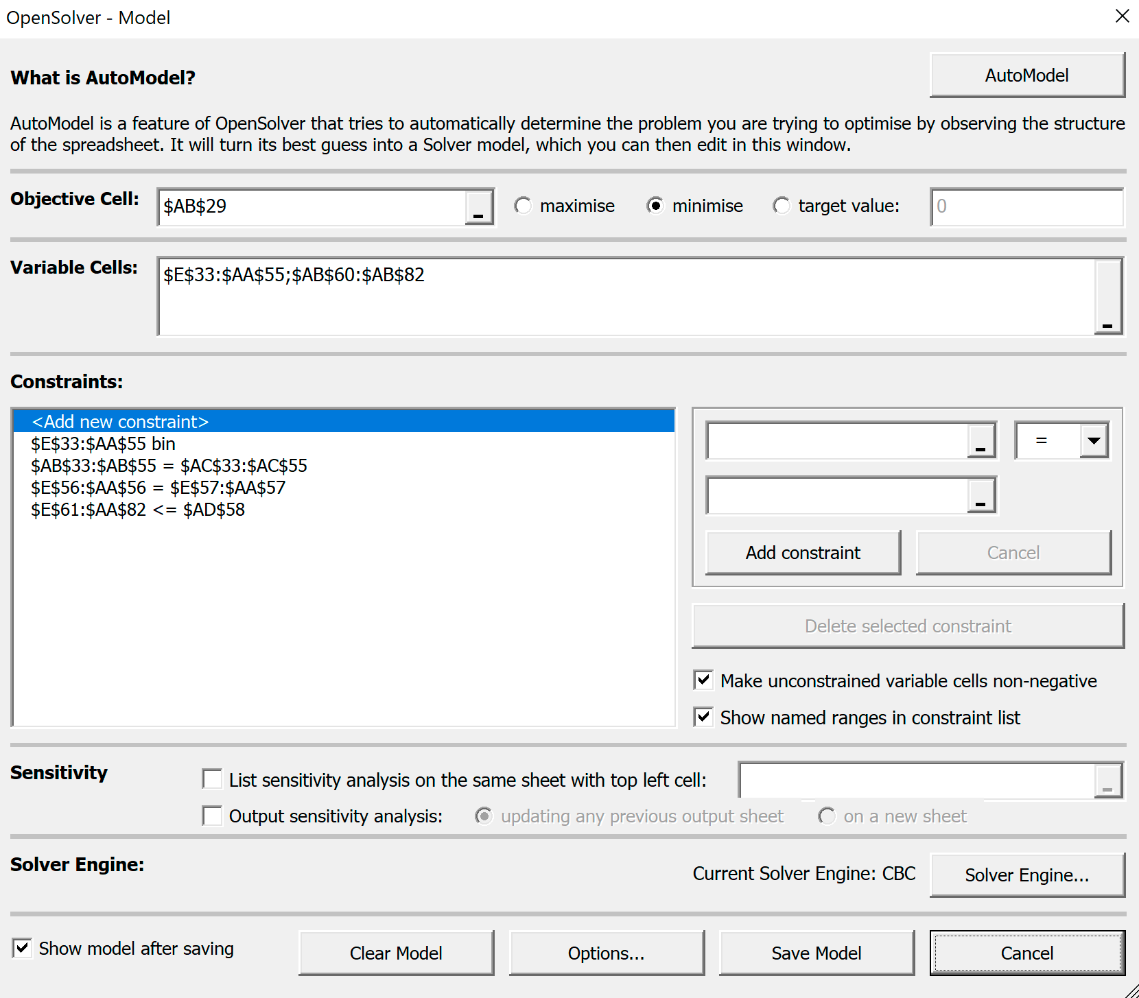 Панель OpenSolver с установками