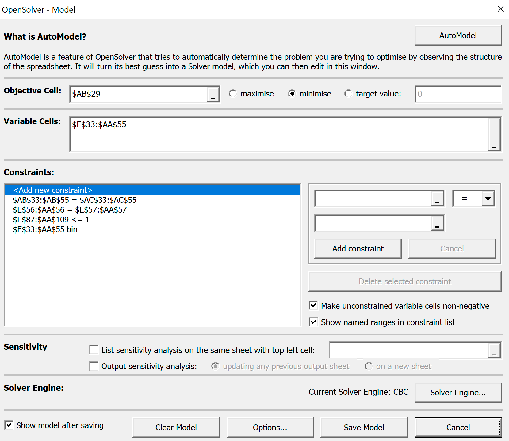 Панель OpenSolver - Model с настройками, запрещающими возврат после первой посещенной точки.