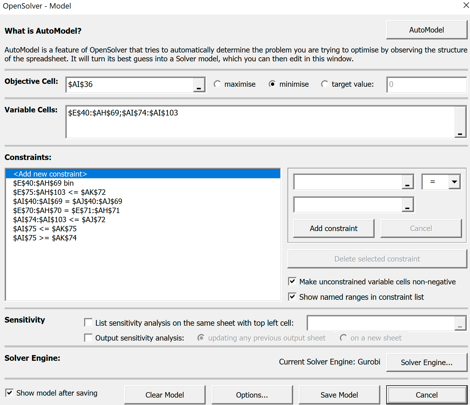 Установки OpenSolver-Model для 30 точек посещения и двух маршрутов