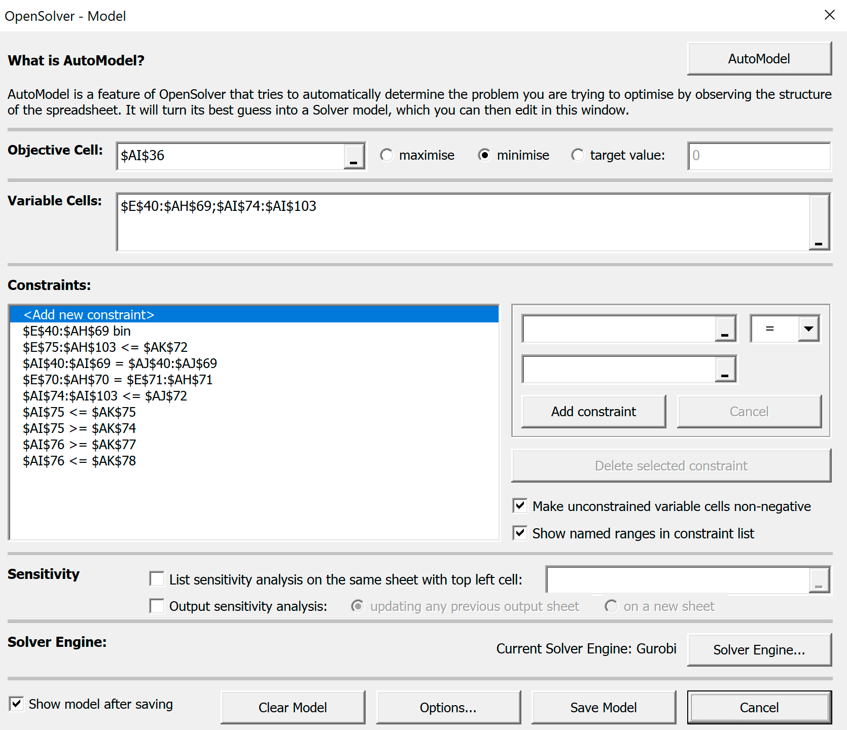 Установки OpenSolver для 3 машин и маршрута из 27 точек